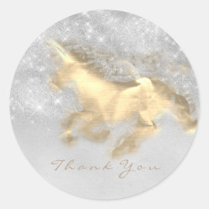 Magic Unicorn Gold Stars Thank Grey Grungy Glitter Classic Round Sticker
