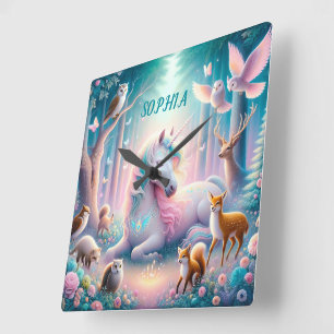 Magic Unicorn, Nursery Baby/ Kids Custom Name Square Wall Clock