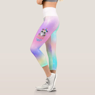 Magic unicorn panda on rainbow background  capri leggings