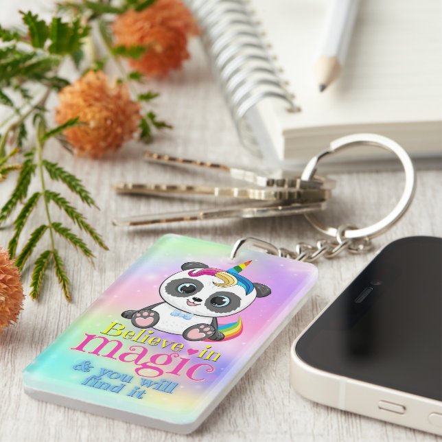 Magic unicorn panda on rainbow background key ring (Front Right)