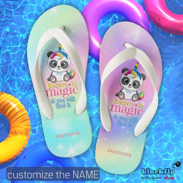 Magic unicorn panda on rainbow background  kid's thongs (Creator Uploaded)