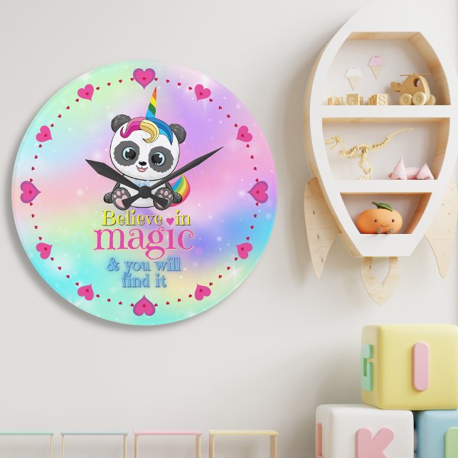 Magic unicorn panda on rainbow background large clock (Creator Uploaded)