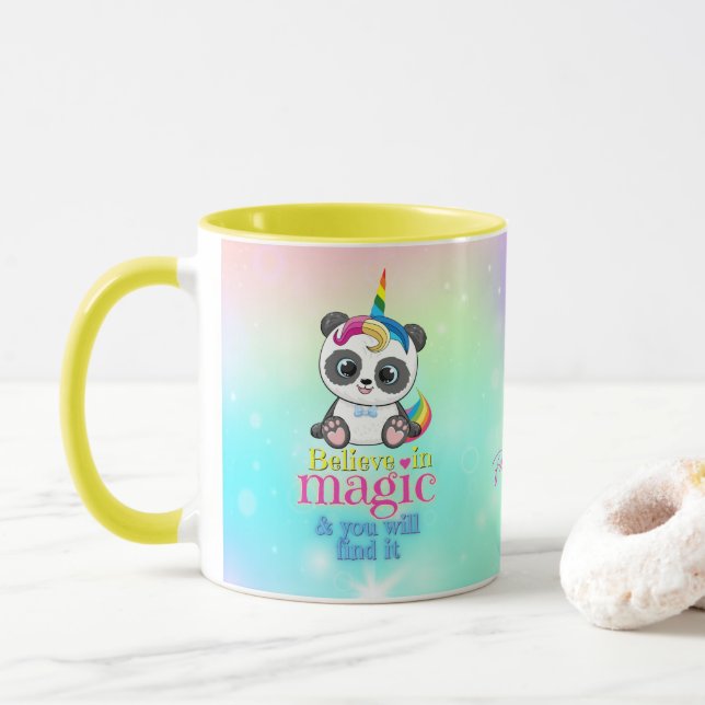 Magic unicorn panda on rainbow background  mug (With Donut)
