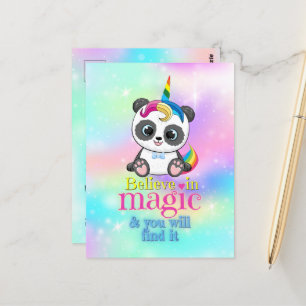 Magic unicorn panda on rainbow background postcard