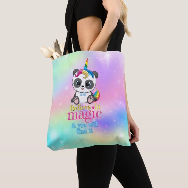 Magic unicorn panda on rainbow background tote bag (Close Up)