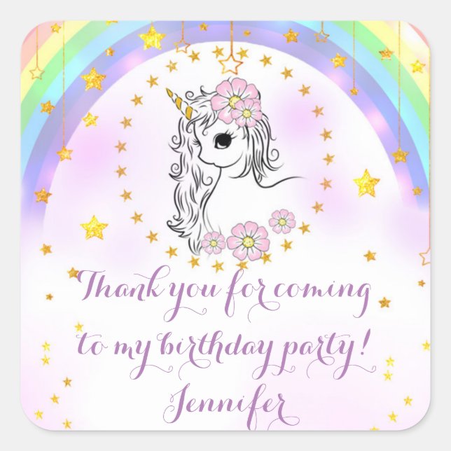 Magic Unicorn Rainbow Gold Star Favour Stickers (Front)