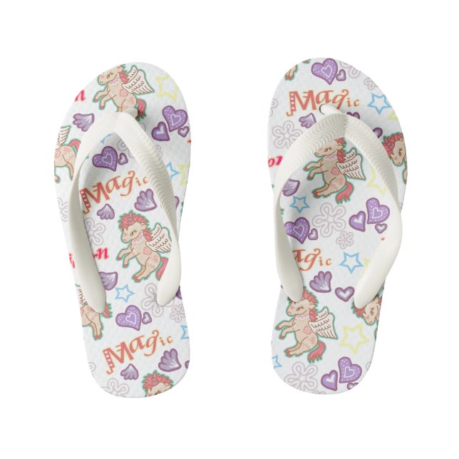 Magic Unicorn White. Kid's Flip Flops (Footbed)
