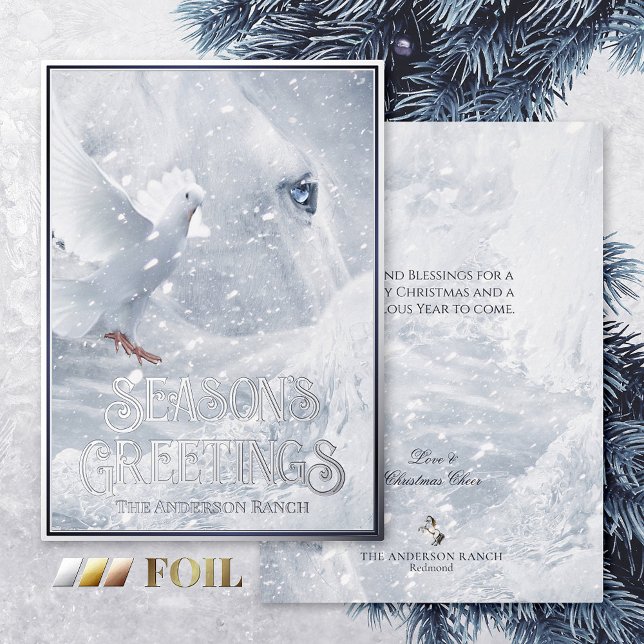 Magic White Christmas, Horse & Dove in Snowfall - Foil Holiday Card (Creator Uploaded)