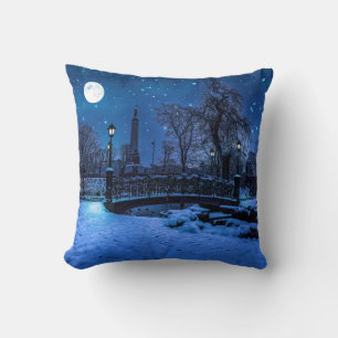 Magic winter night with starry sky and full moon cushion