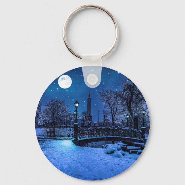 Magic winter night with starry sky and full moon key ring (Front)
