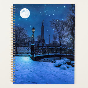 Magic winter night with starry sky and full moon planner