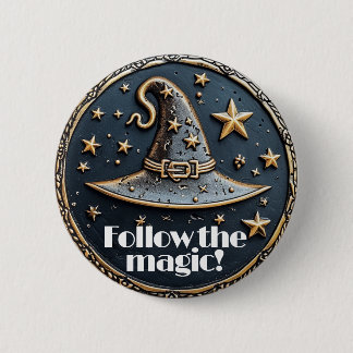 Magic witch pin pointy hat and stars in blue gold 