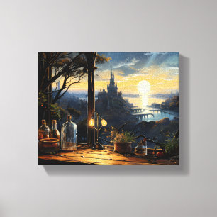 Magic Workshop Bench Overlooking a Fantasy Bay Canvas Print