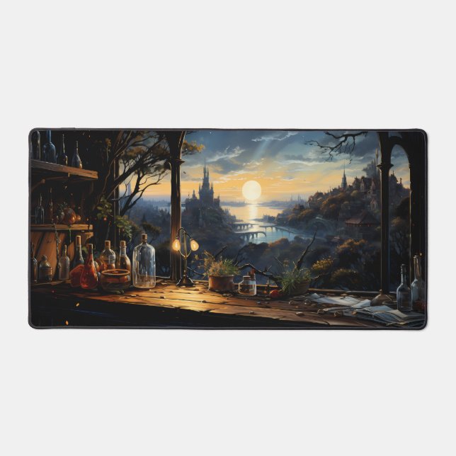 Magic Workshop Bench Overlooking a Fantasy Bay Desk Mat (Front)