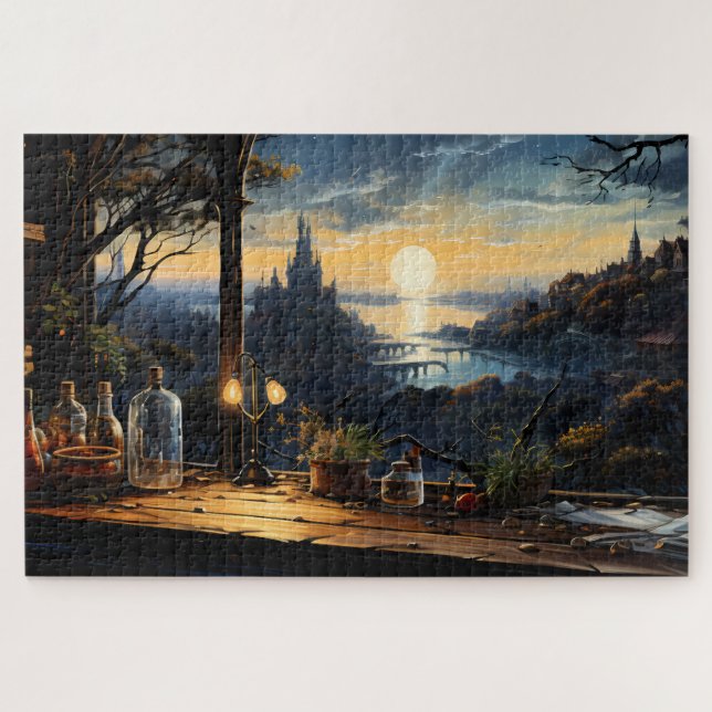 Magic Workshop Bench Overlooking a Fantasy Bay Jigsaw Puzzle (Horizontal)