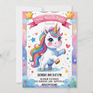 Magical 3rd Birthday Unicorn  Rainbow Three-nicorn Invitation