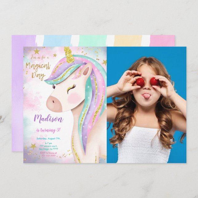 Magical 3rd Unicorn Birthday Photo Invitation (Front/Back)