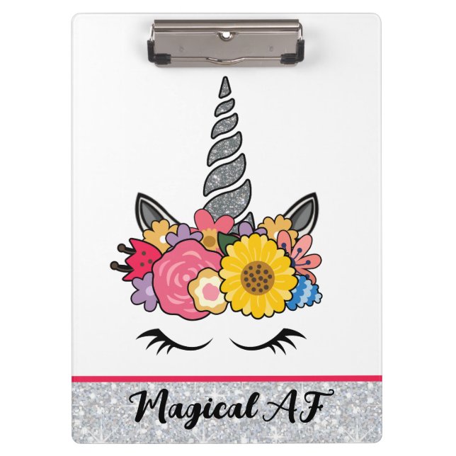 Magical AF Glitter Unicorn with Flower Crown Clipboard (Front)