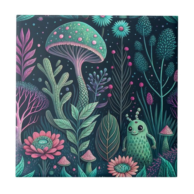 Magical Alien Mushroom Neon Forest Sci-Fi Pattern Ceramic Tile (Front)