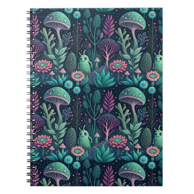 Magical Alien Mushroom Neon Forest Sci-Fi Pattern Notebook (Front)