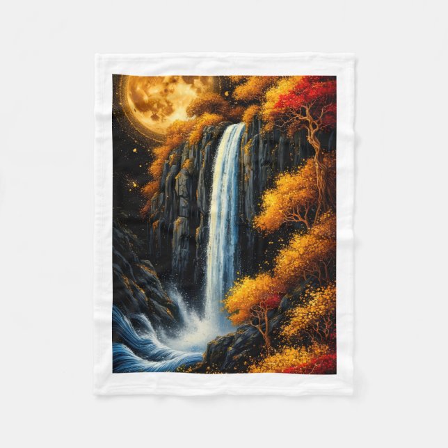 Magical Autumn Waterfall and Moon Throw Blanket (Front)