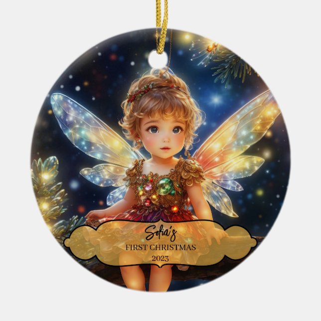 Magical Baby Fairy with Wings in a Christmas Tree Ceramic Ornament (Front)