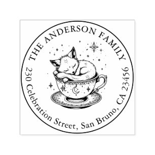 Magical Baby Fox Snoozing in Tea Cup Name Address Self-inking Stamp