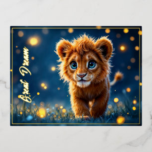 Magical baby lion walking in a fantasy night foil holiday postcard