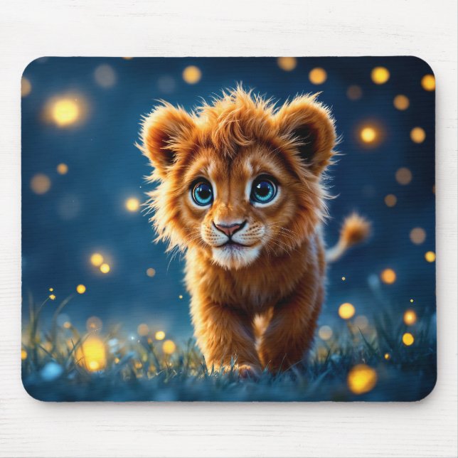 Magical baby lion walking in a fantasy night mouse pad (Front)