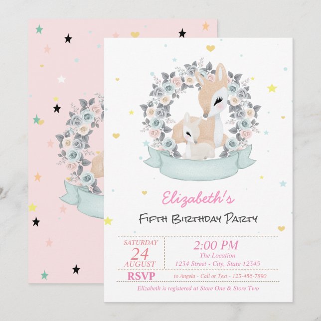 Magical Baby Reindeers Roses Stars Birthday  Invitation (Front/Back)