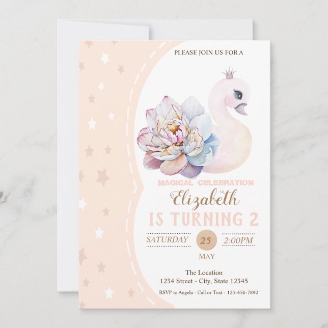 Magical Baby Swan, Stars Birthday Invitation (Front)