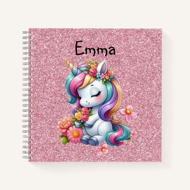 Magical Baby Unicorn Pink Faux Glitter Kids Notebook (Front)