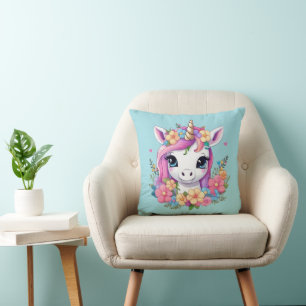 Magical Baby Unicorn with Flowers Cushion