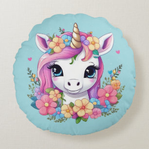 Magical Baby Unicorn with Flowers Round Cushion