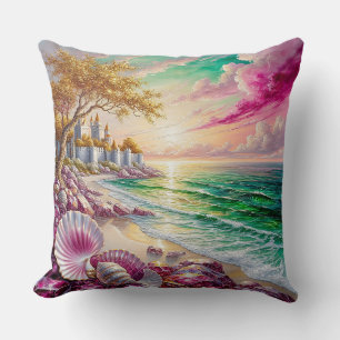 Magical Beachside Castle Sunset Cushion