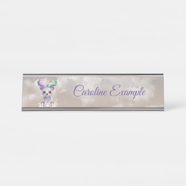 Magical bear cub in pastel glitter.  desk name plate (Front)