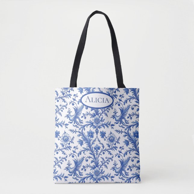 Magical Birds Blue Toile Tote Bag (Front)