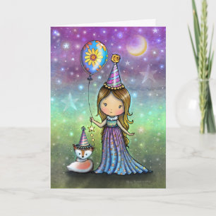 Magical Birthday Little Girl Balloon and Fox Card