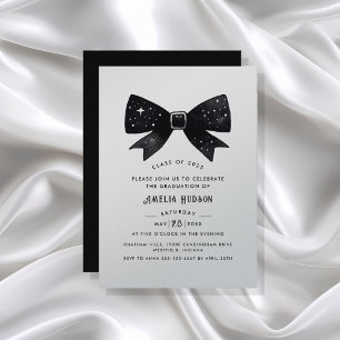 Magical Black Bow Silver Shimmer Graduation Party Invitation
