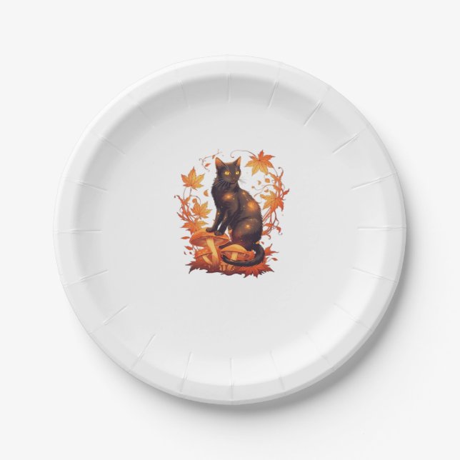 Magical Black Cat in Autumn Forest � Celestial Fal Paper Plate (Front)