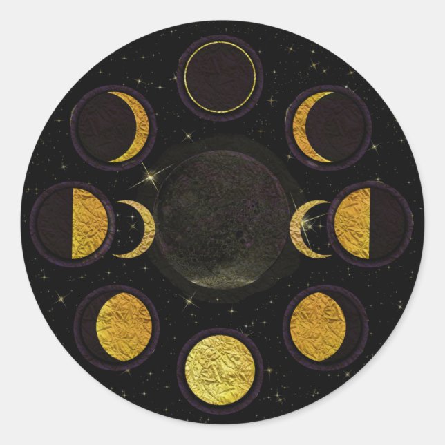 Magical Black & Gold Moon Phases Esoteric Party Classic Round Sticker (Front)