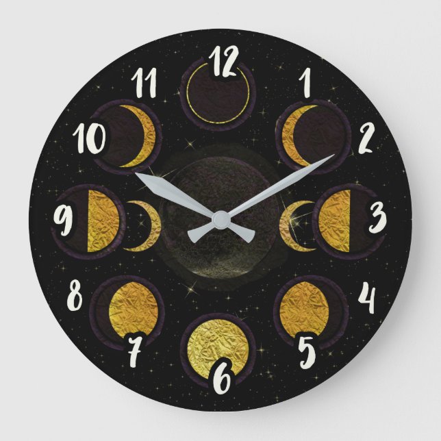 Magical Black & Gold Moon Phases Large Clock (Front)