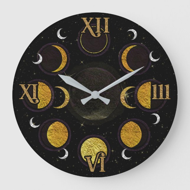 Magical Black & Gold Moon Phases Large Clock (Front)