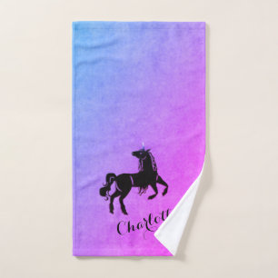 Magical Black Unicorn Gradient Purple Personalised Bath Towel Set