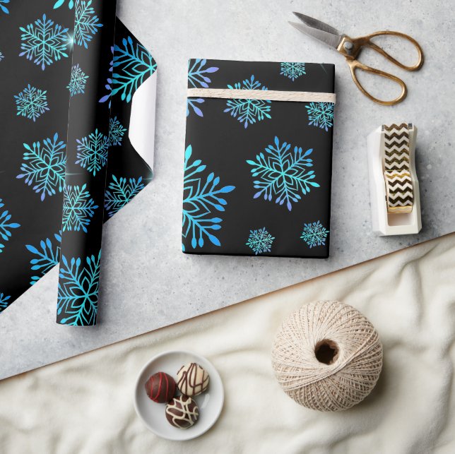 Magical Blue Aesthetic Snowflakes Wrapping Paper (Crafts)