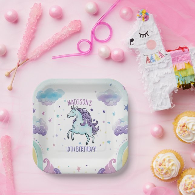 Magical Blue and Purple Unicorn Birthday Paper Plate (Party)