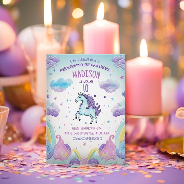 Magical Blue and Purple Unicorn Birthday Party Invitation (Cute Unicorn Invitation)