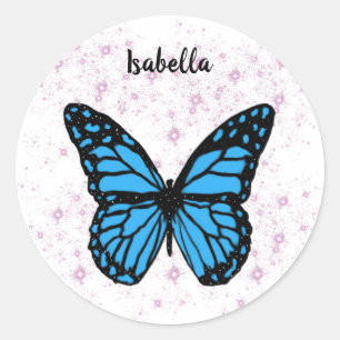 Magical blue butterfly pink glitter art classic round sticker