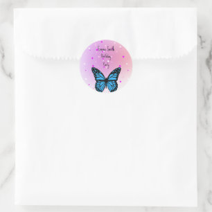 Magical blue butterfly pink glitter art classic round sticker