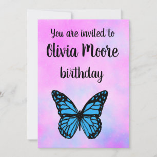 Magical blue butterfly pink glitter art invitation